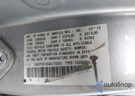 2010 Honda Accord 2.4 Lx из США, поврежденный, VIN 1HGCP2F30AA173293